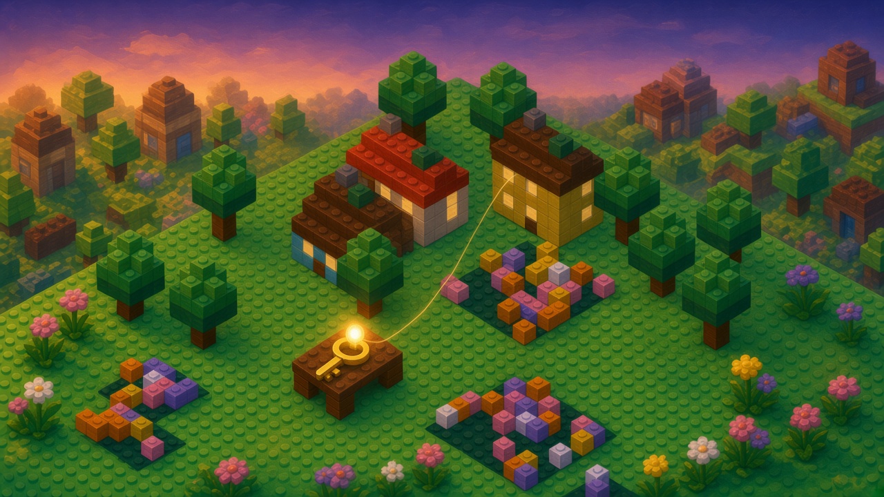 Dusk brick yard where a golden key on a desk holds the bright orb and a single golden thread reaches one lit house