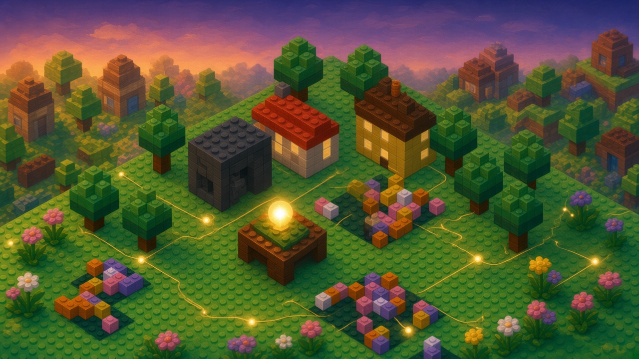 Dusk brick yard where a dark brick cabinet sits unlit, a bright orb rests on a small desk, and golden threads stay on the plate