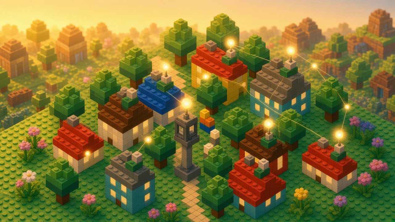 Brick-built neighborhood at golden hour where a small ESP board on a porch lights the first glowing orb of a new home mesh