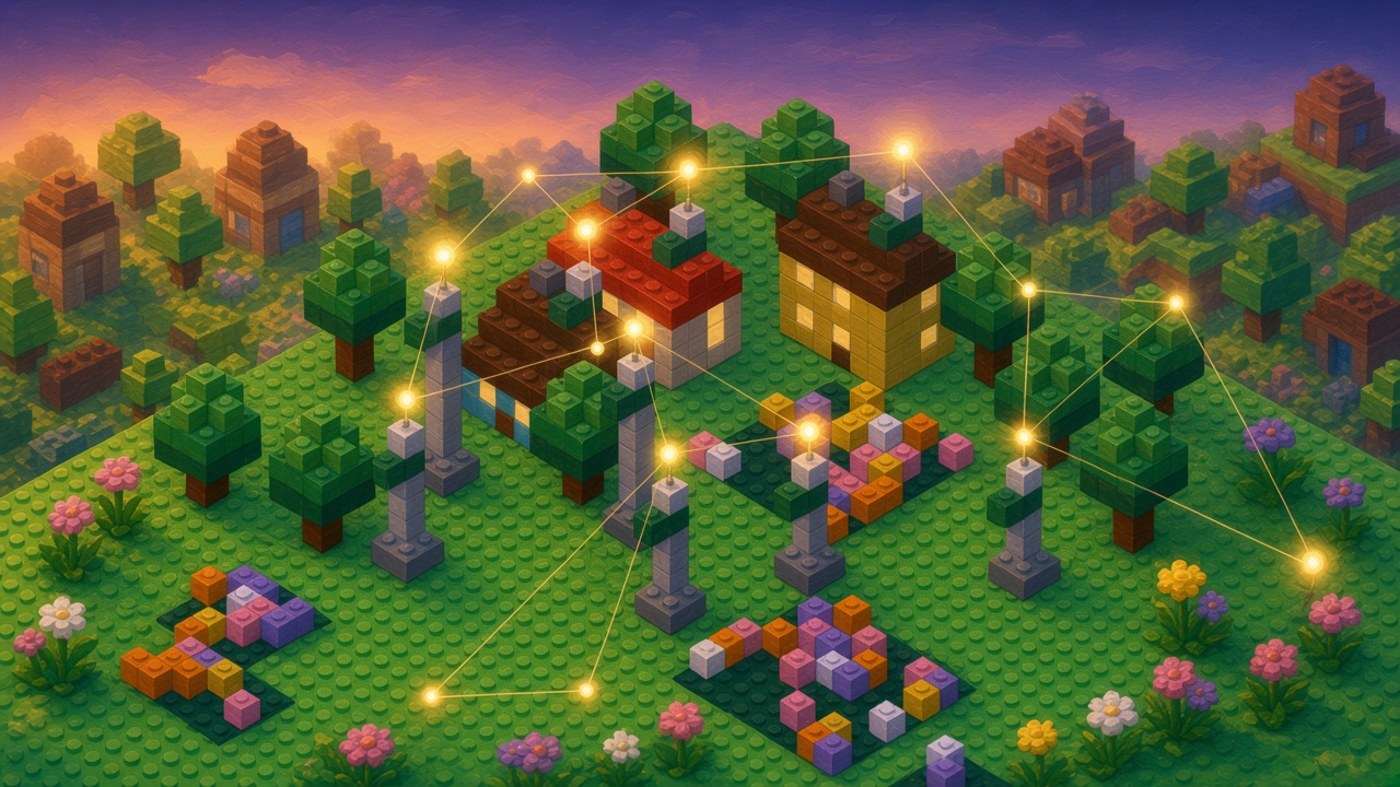 Dusk brick meadow with houses and short antenna posts, each post topped by an orb, golden threads staying on the plate