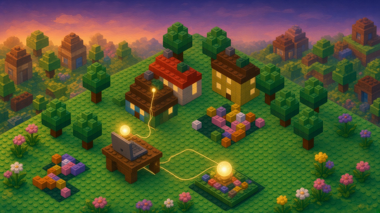 Dusk brick yard where a laptop on a brick desk holds a glowing orb, a second orb sits on a small brick plate, and golden threads stay on the yard between the desk, the plate, and a house