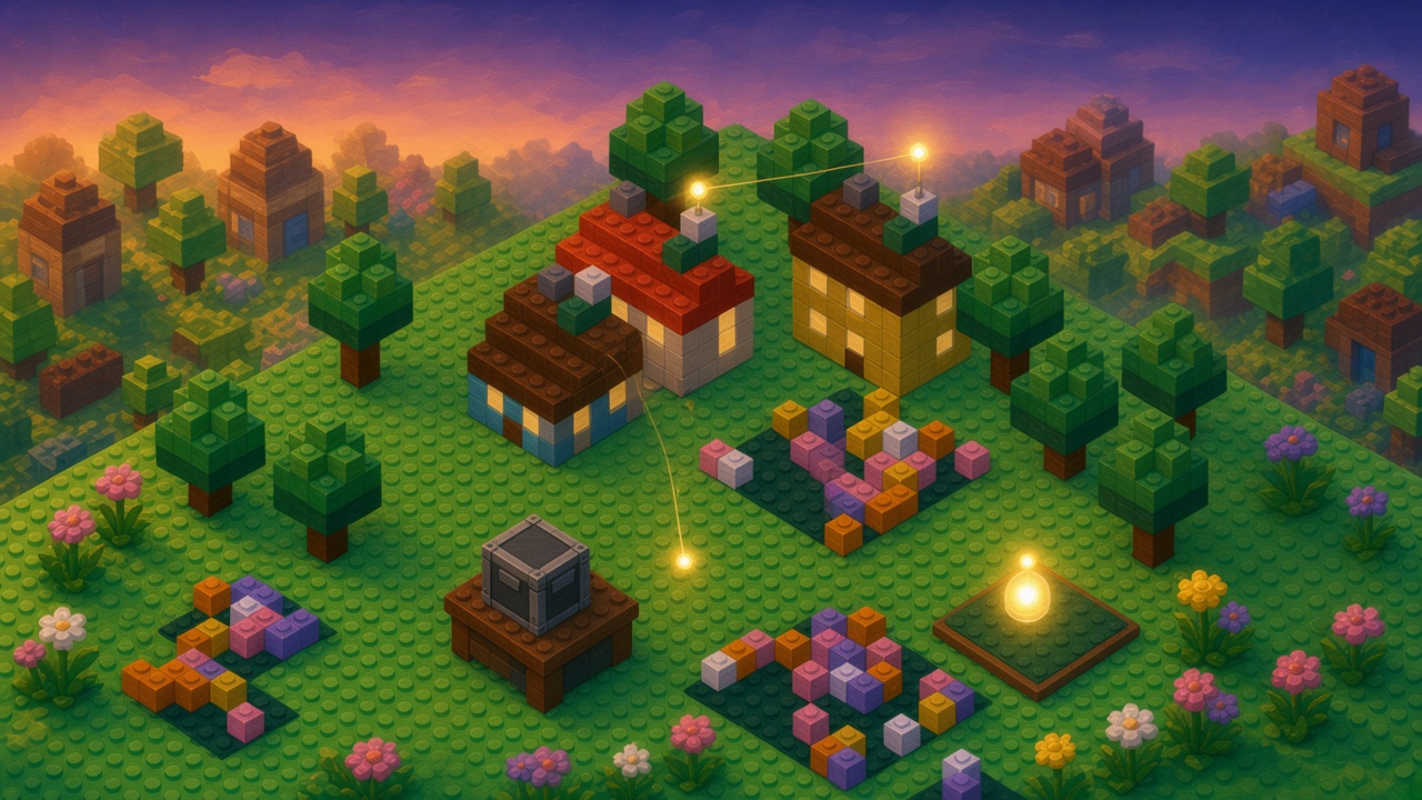 Dusk brick yard where a sealed crate on a desk stays dark, a bright orb sits on a small plate, and golden threads run up to two rooftop posts