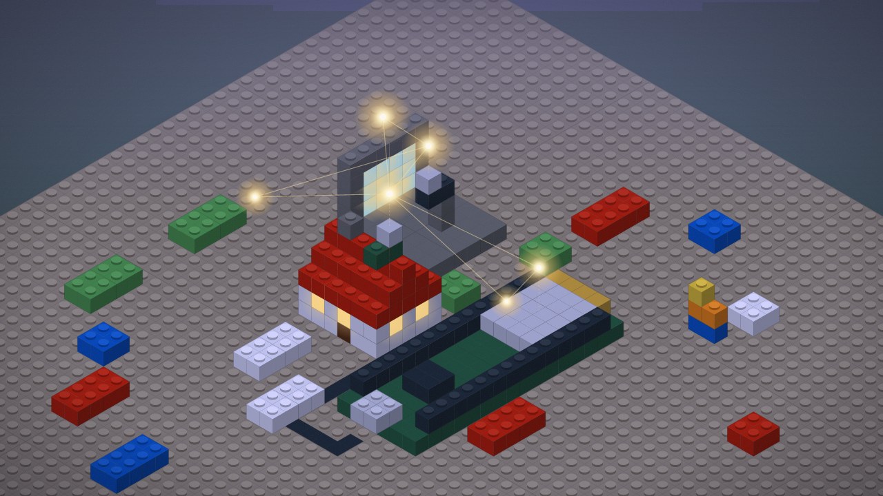 Dusk on a grey brick baseplate where a brick laptop holds the brightest orb, a dark cable runs to a green board, and golden threads link the laptop, the board, and a small brick stack