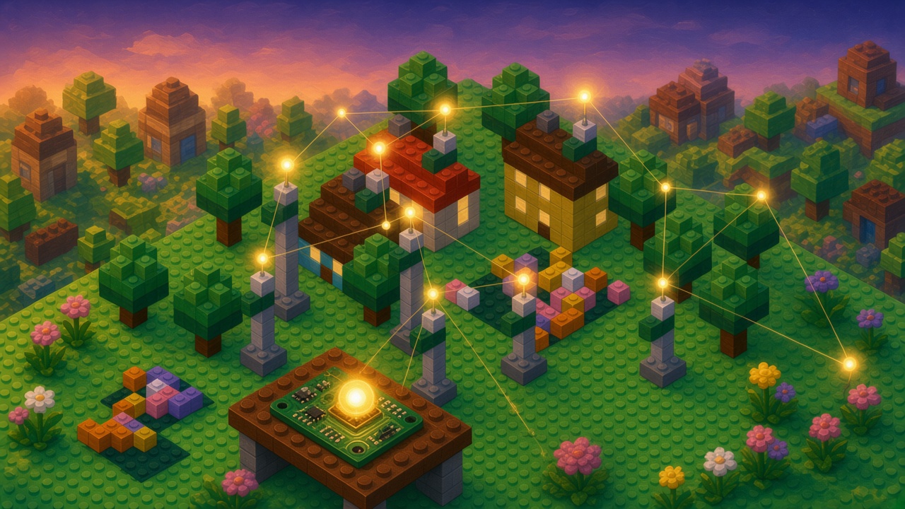 Dusk brick yard where a small green board on a desk holds the brightest orb, golden threads stay on the plate among the houses, and the sky has no threads