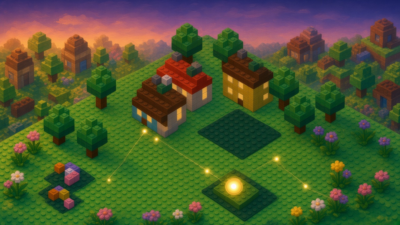 Dusk brick yard where a dark empty plate sits unlit, a bright orb rests on a small green plate, and golden threads stay on the yard