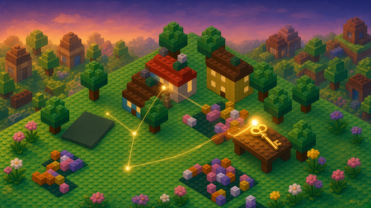 Dusk brick yard where a dark book lies on the ground, a golden key on a desk holds the bright orb, and golden threads run toward the near house