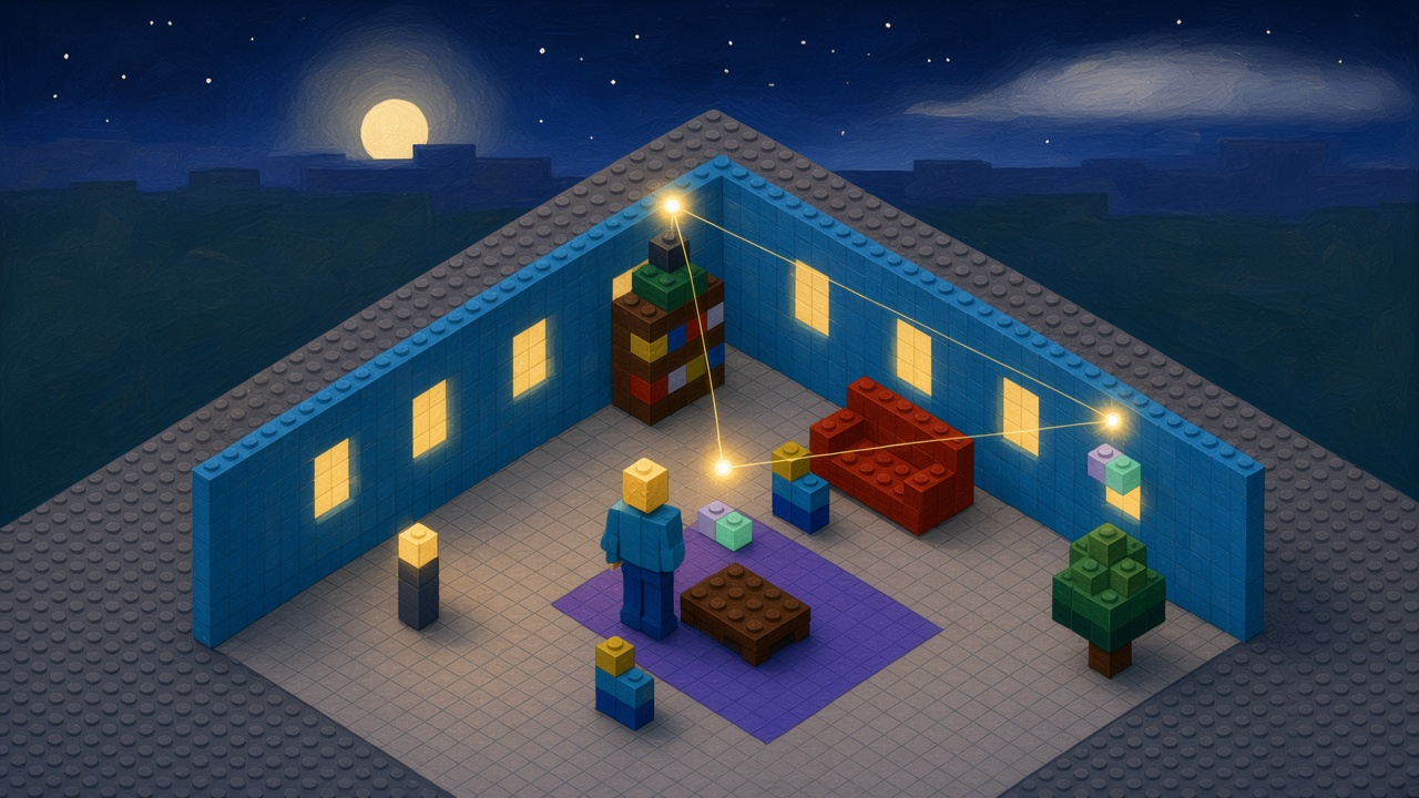 Cutaway brick room at night with a small sensor brick on the wall, a figure on the rug, and orbs linking the sensor to the shelf, with no camera