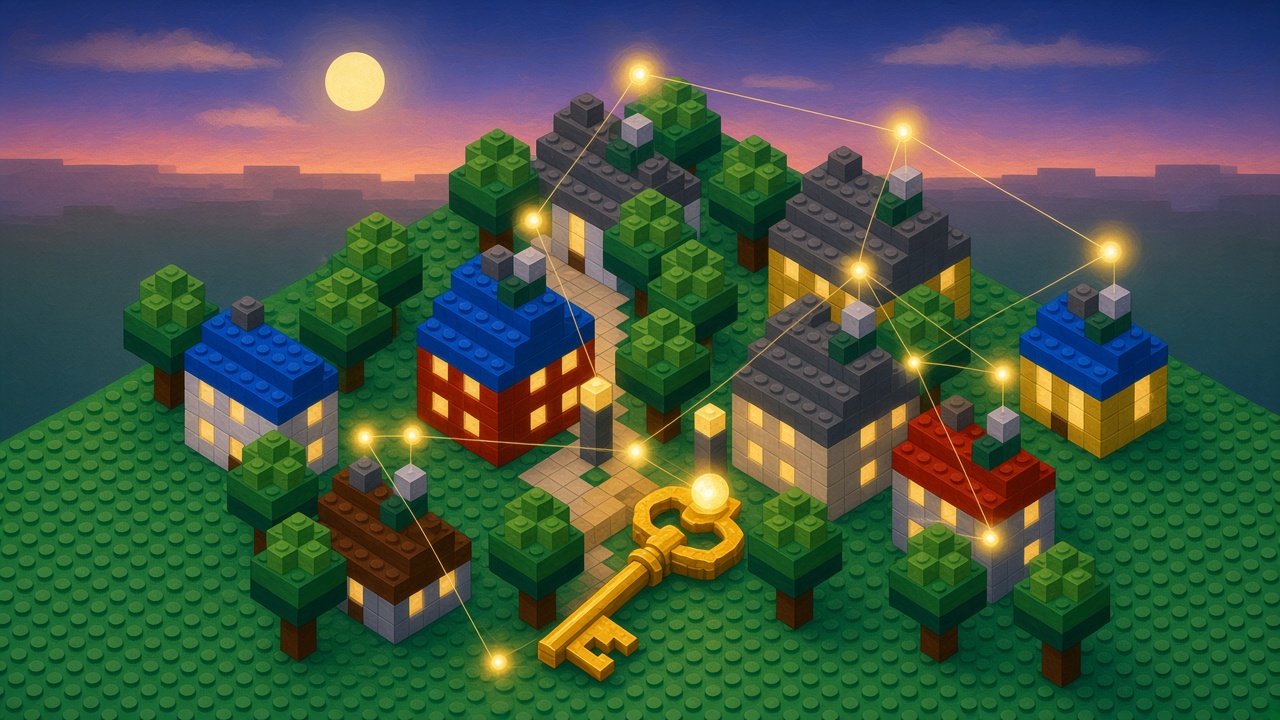 Dusk brick neighborhood with a golden key brick in front of a lit door, its orb joining the rooftop mesh and no thread leaving for the sky