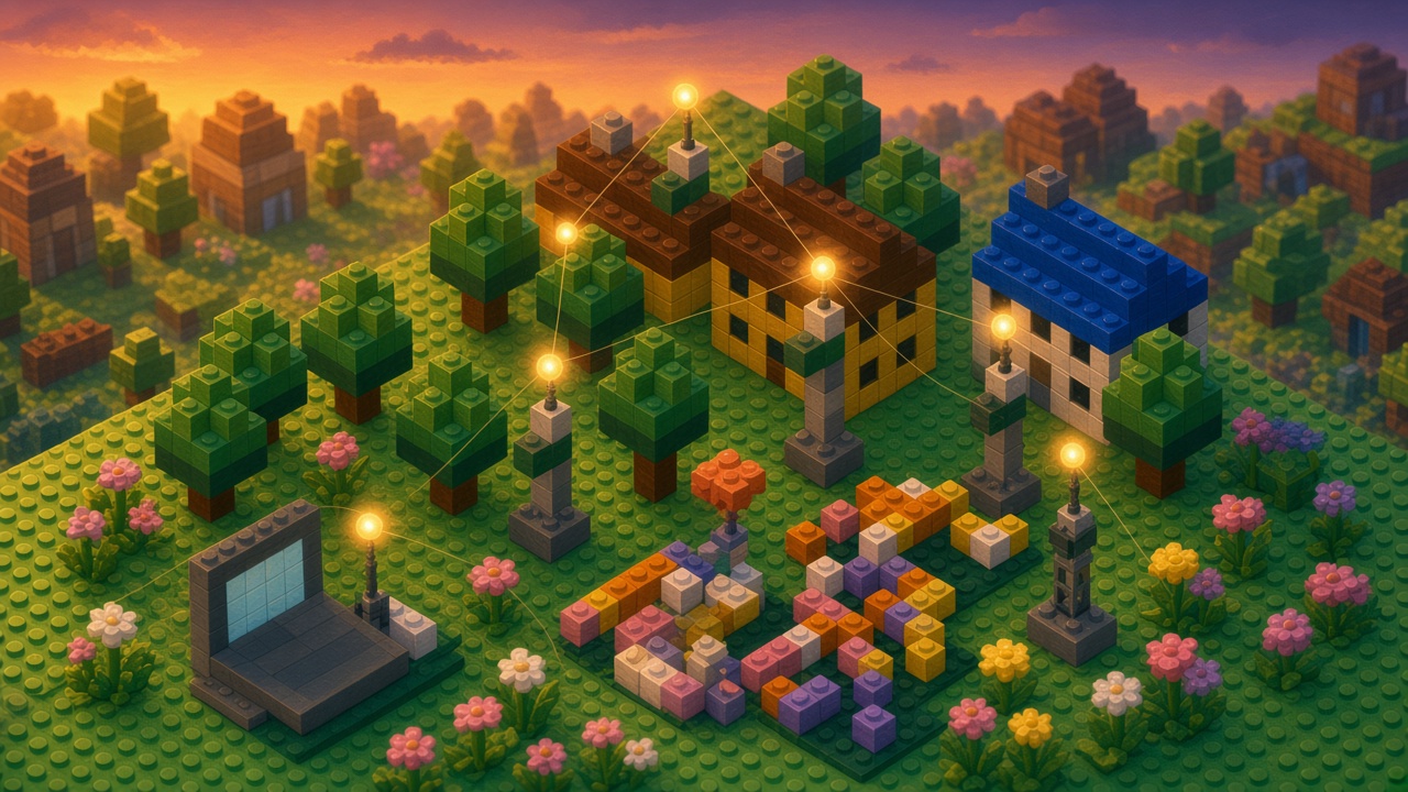 Dusk brick meadow with short antenna towers, each topped by an orb, golden threads crossing the flower beds inside the frame