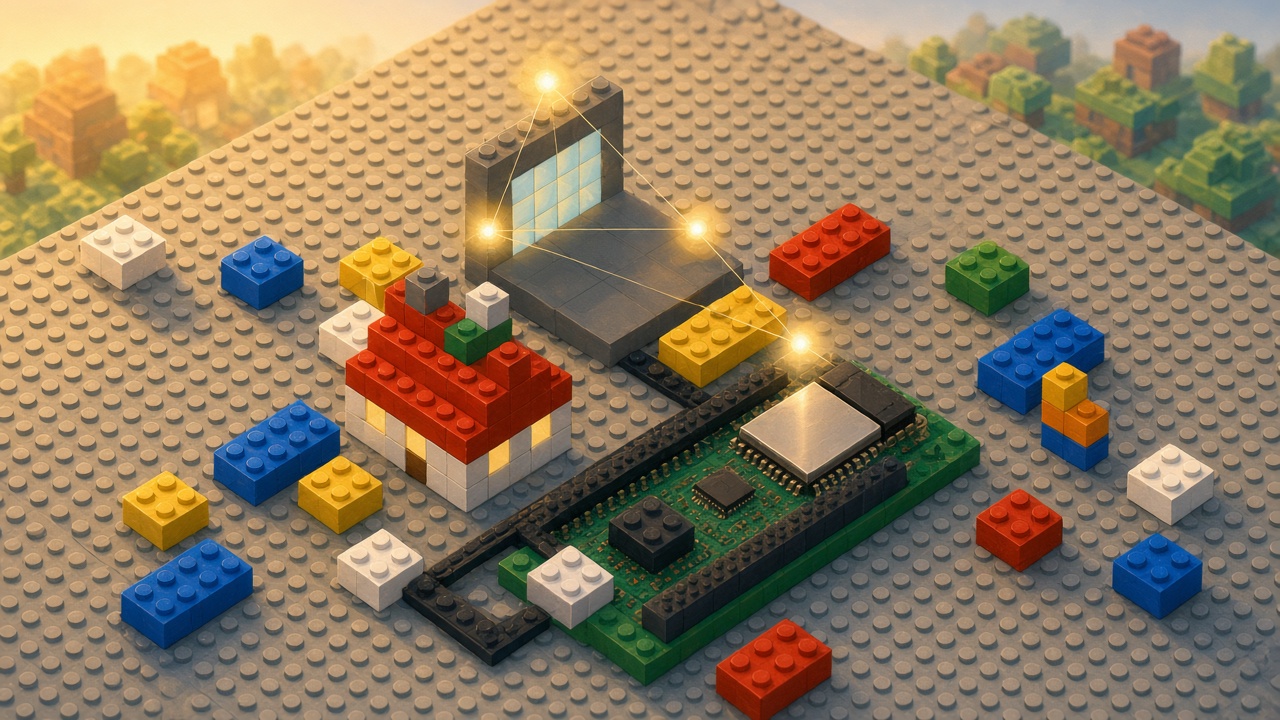 Daylight brick workbench with a brick laptop cabled by black tiles to a green ESP board, a small red-roofed brick house beside the cable, and golden threads joining the orbs above them
