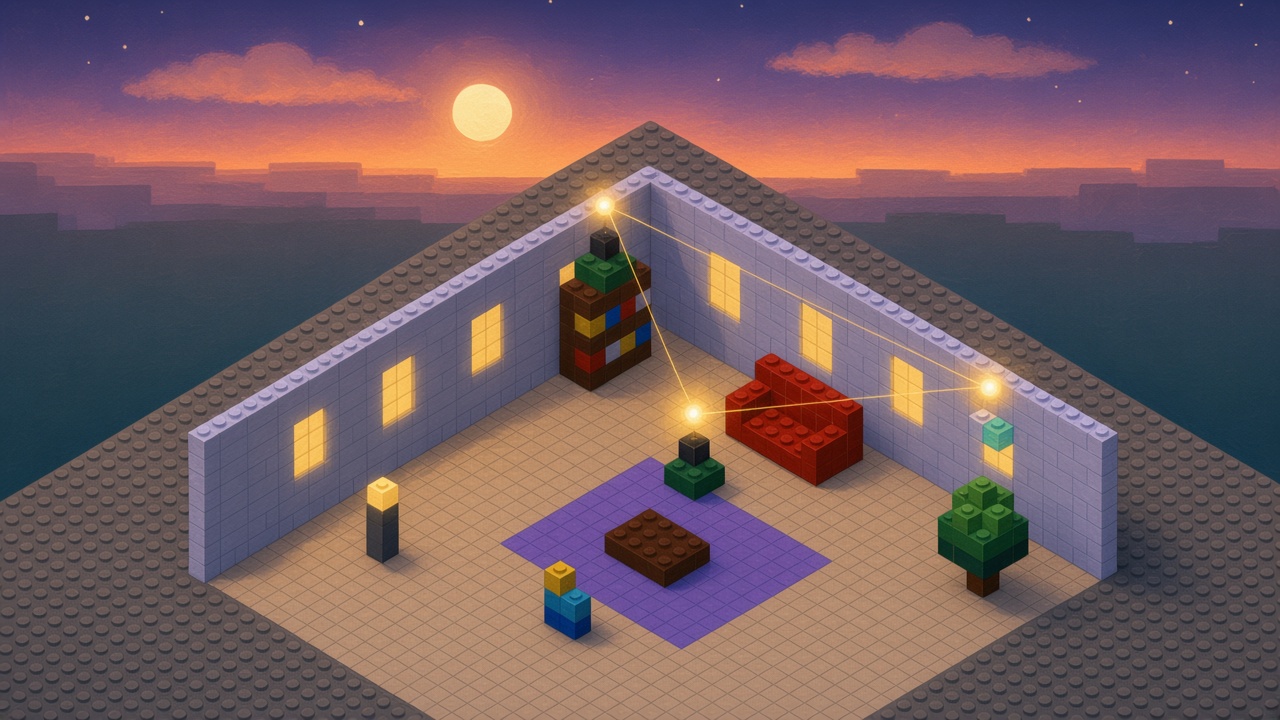 Cutaway brick living room at dusk with a microphone brick on the shelf, a soft orb above it, and golden threads staying inside the room
