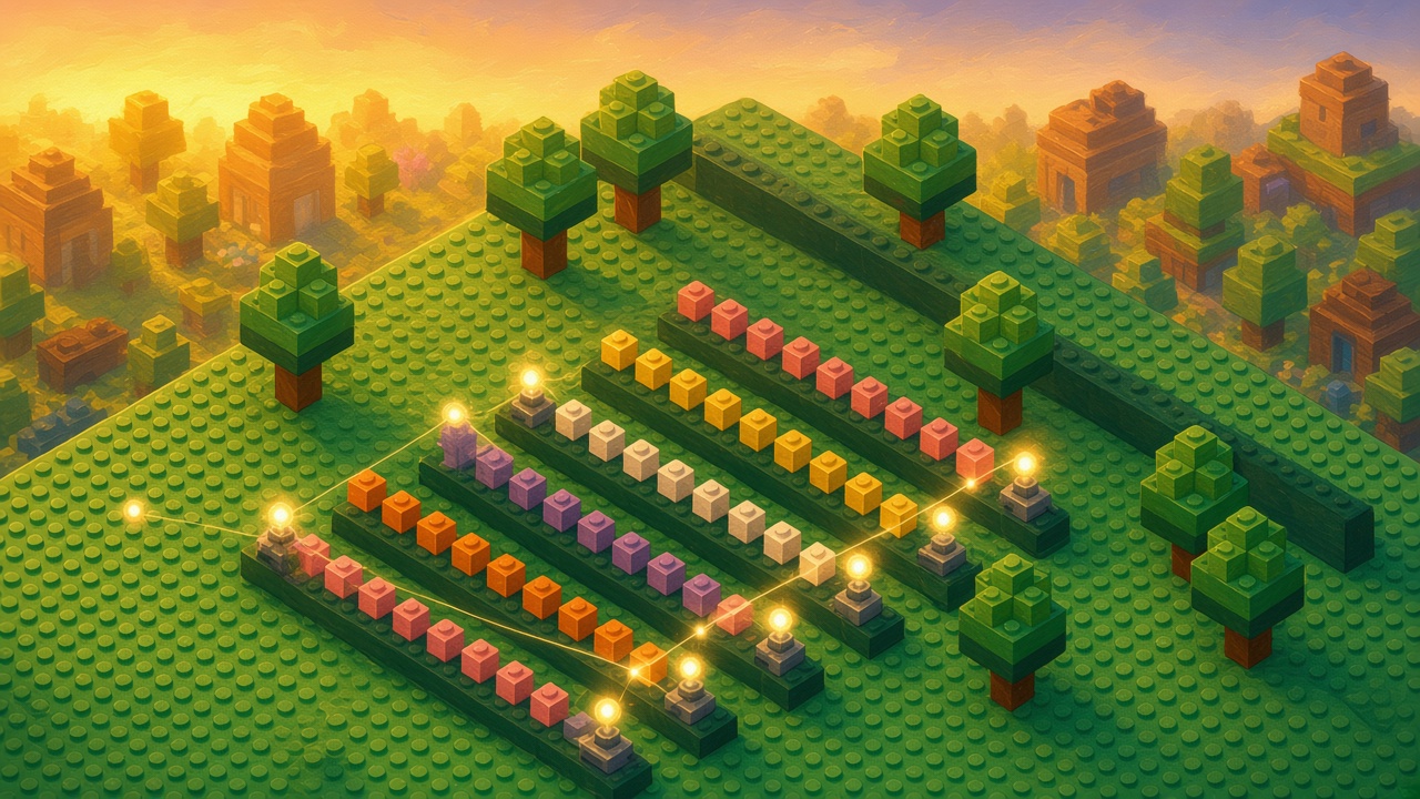Golden-hour brick garden of neat colored rows, each row ending in a small node whose orb joins a quiet mesh