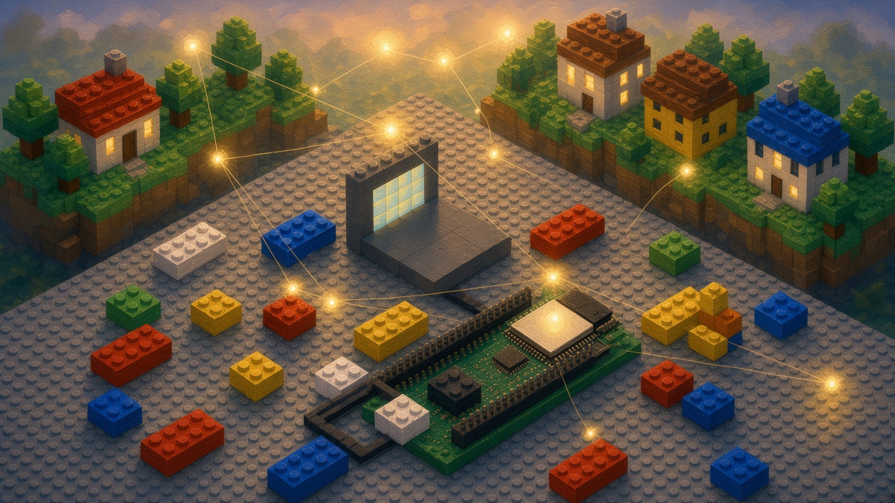 Dusk brick workbench where a brick laptop sends a black-tile cable to a green ESP board, with golden threads joining the orbs above them