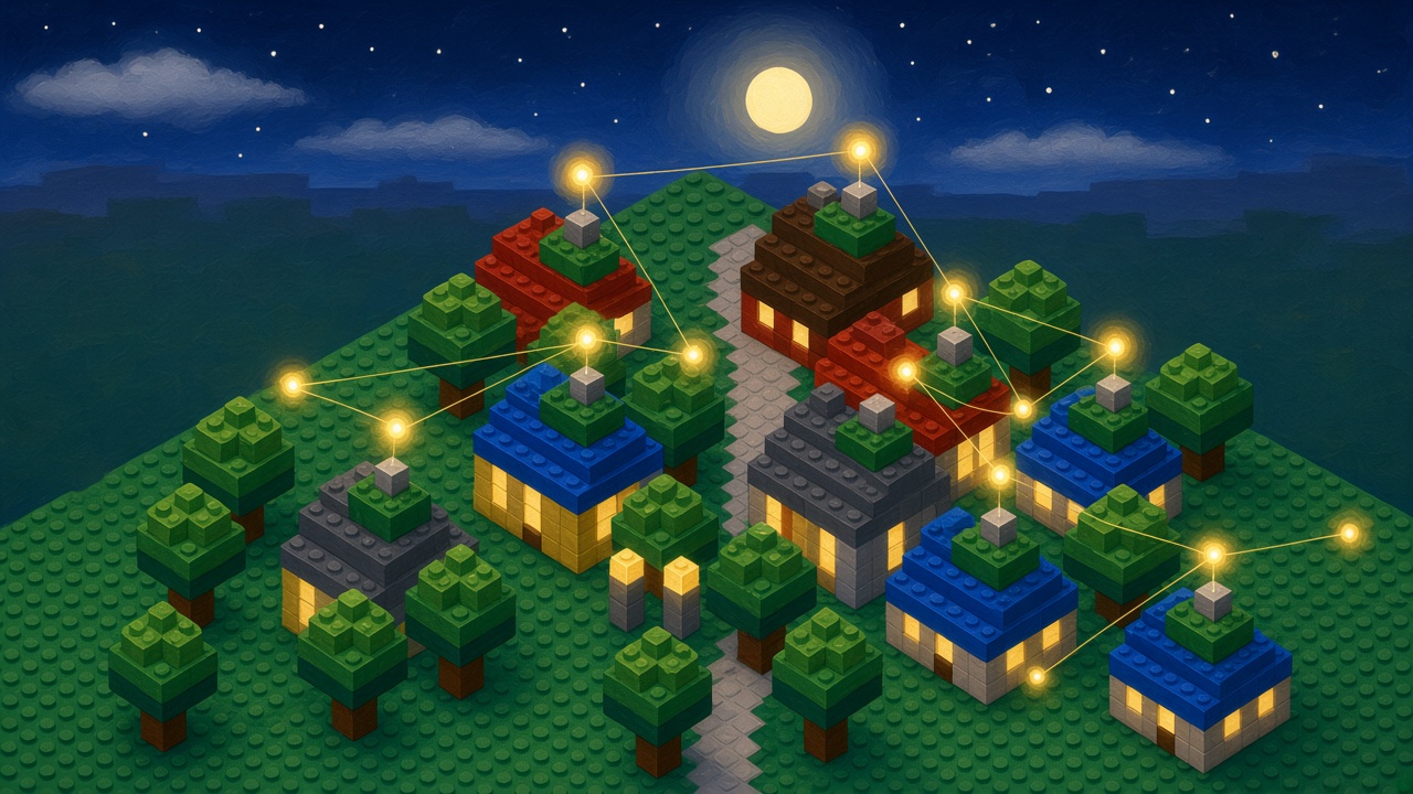 Night over a brick neighborhood where every rooftop ESP brick holds an orb and golden threads link the houses with no tower in the middle