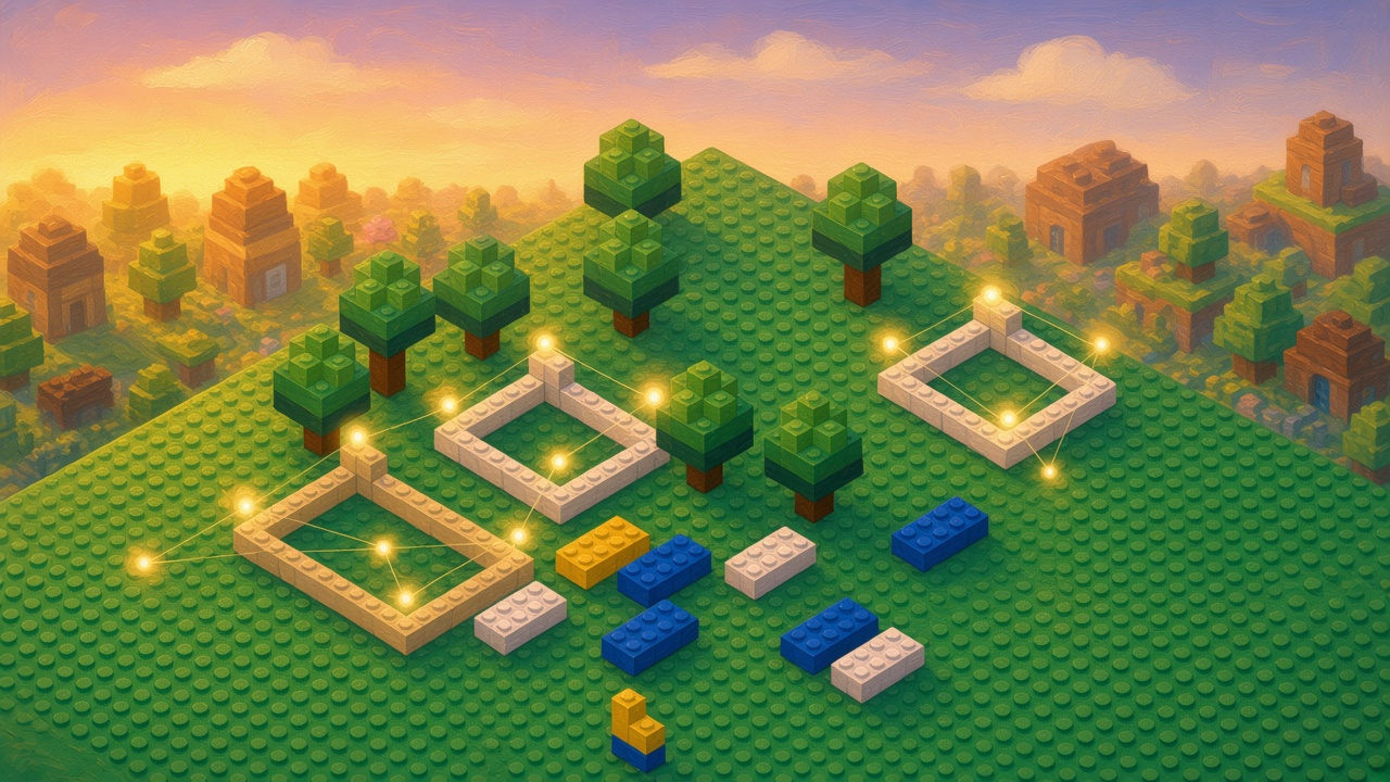 Dawn on a wide green baseplate with the first courses of three brick foundations laid, a small orb on every corner, threads staying on the plate