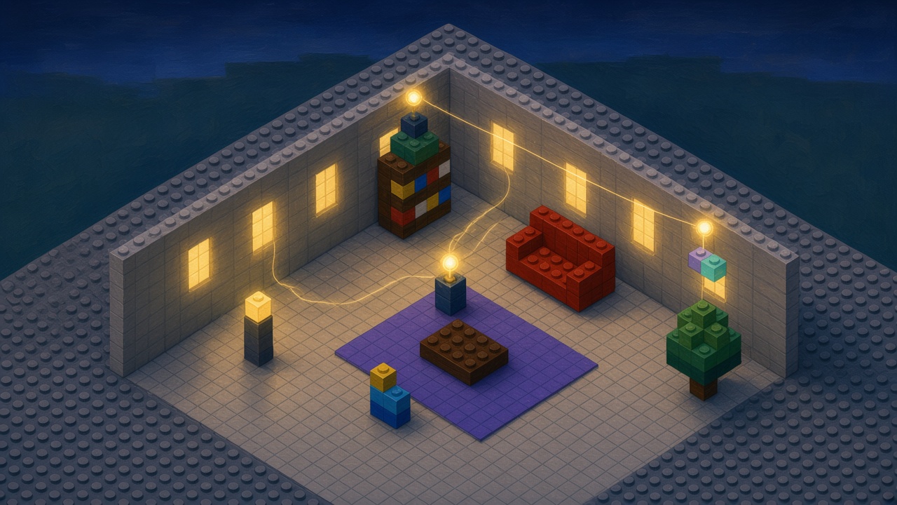 Cutaway brick living room at night whose orbs connect only the devices inside, while the sky outside stays empty of threads