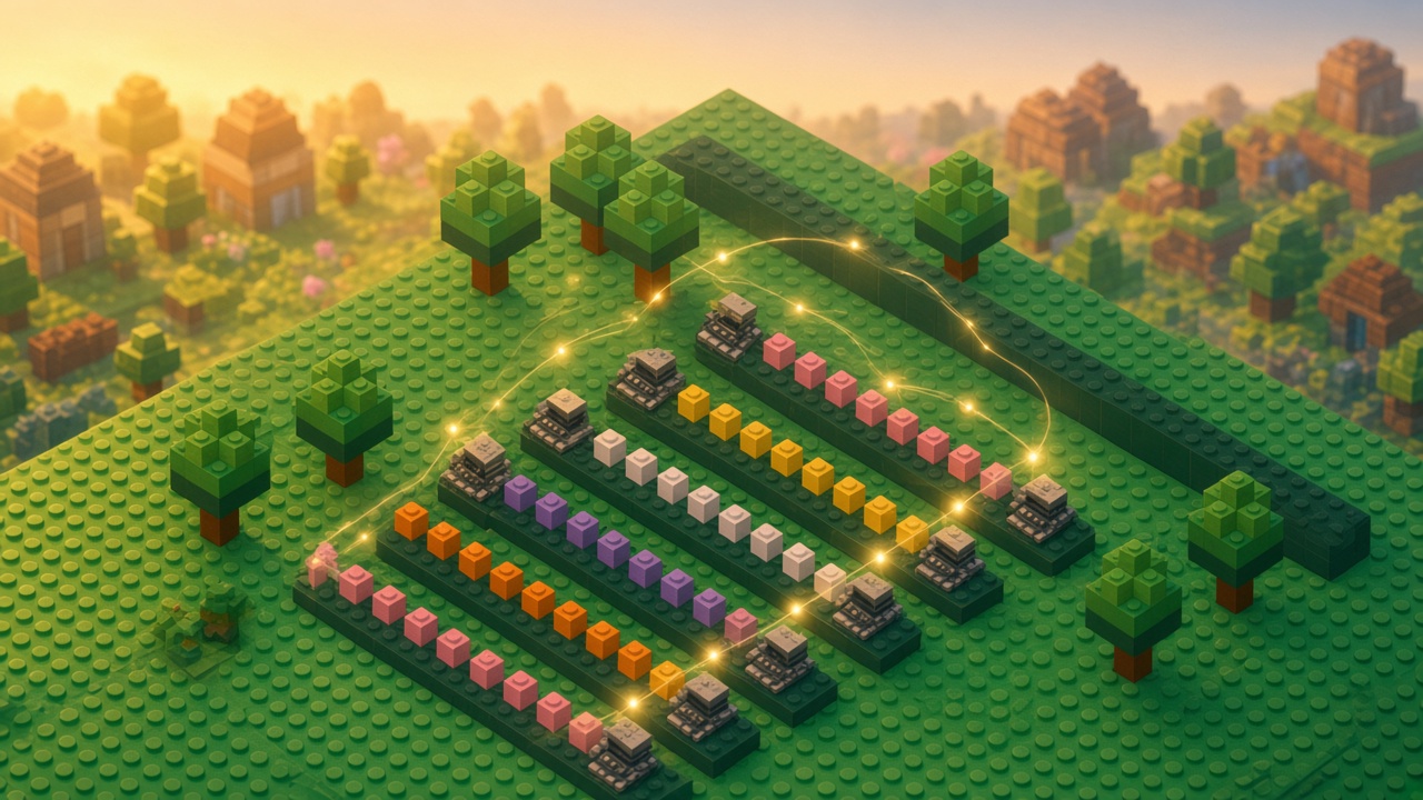 Two stacked brick towers labeled only by color, setup and loop, joined by a ring of glowing orbs on a green baseplate