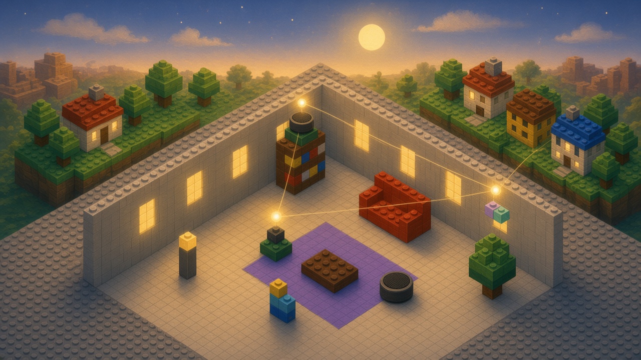 Brick-built living room with a small microphone brick on a shelf and soft glowing orbs carrying sound between rooms