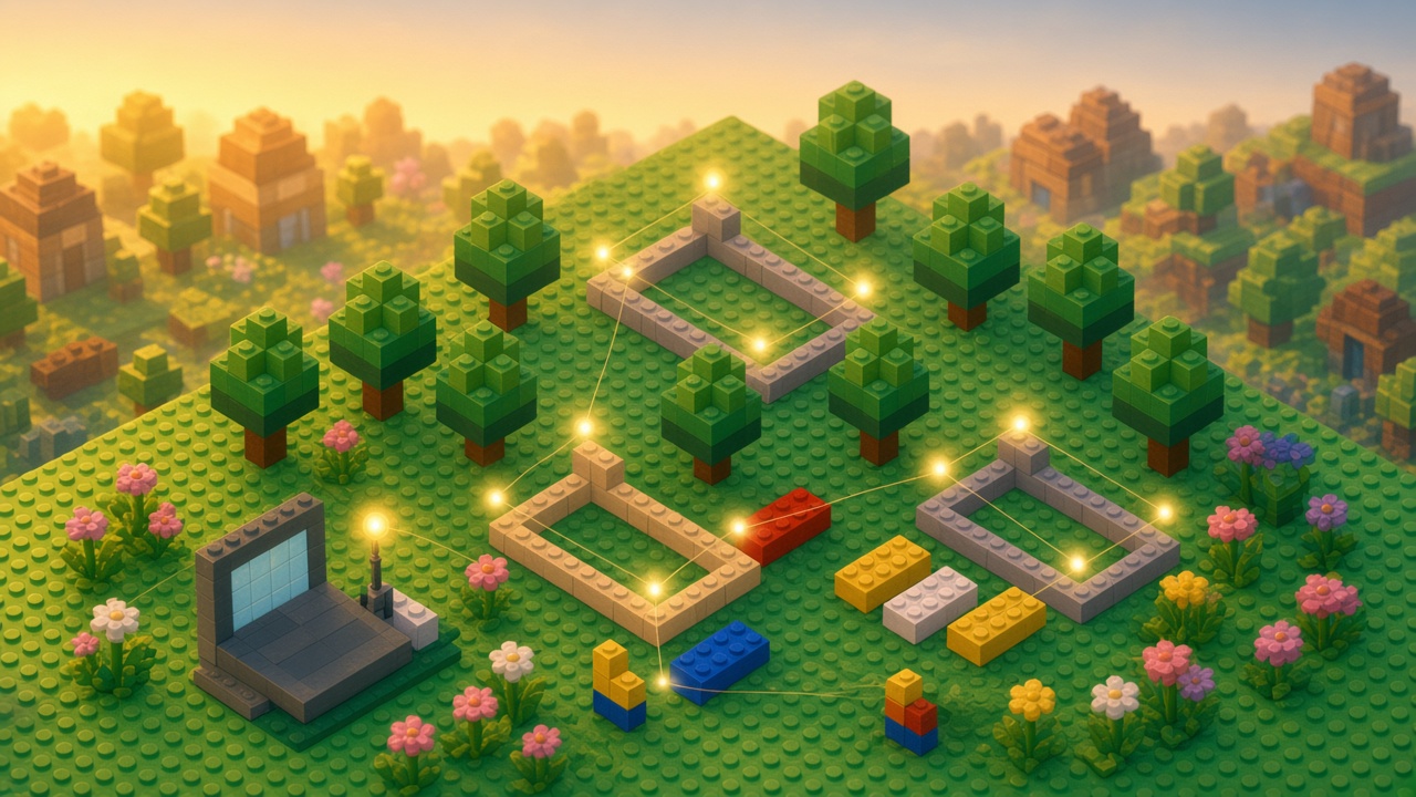 Wide green brick baseplate with the first foundation bricks laid and small glowing orbs resting on each corner
