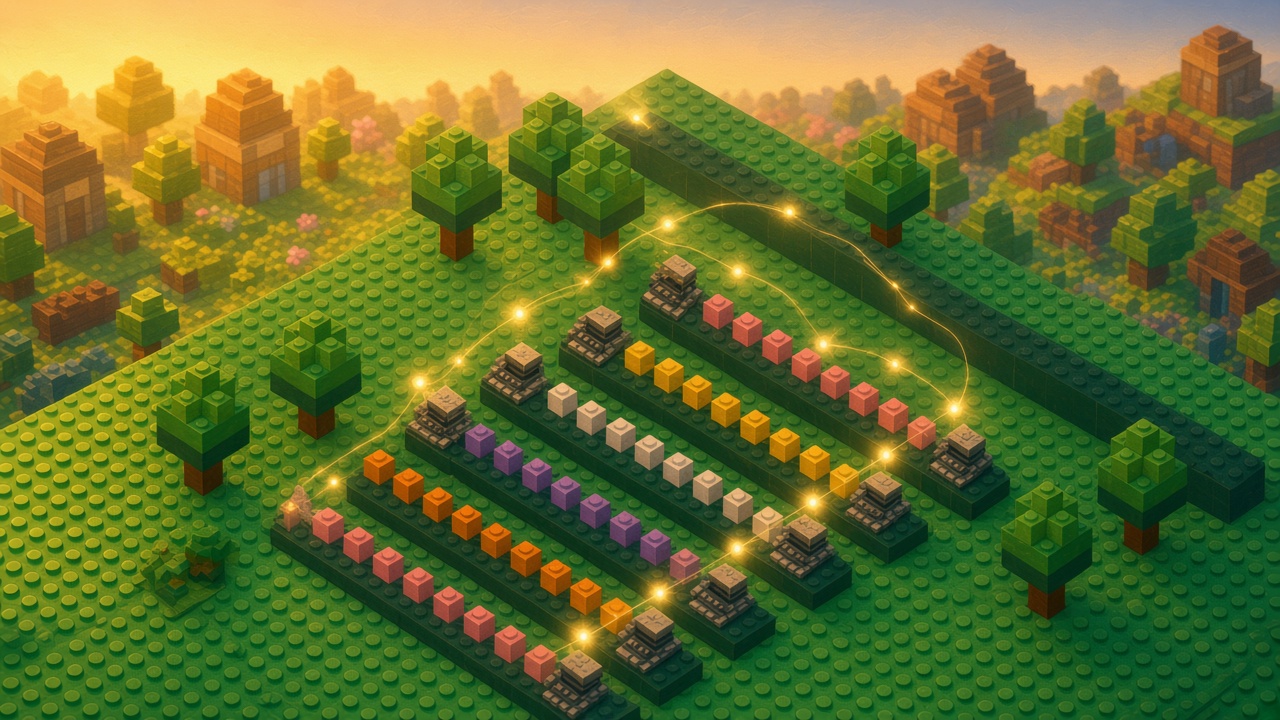 Brick garden of neat rows of small colored bricks, each row topped by a glowing orb pulsing in time