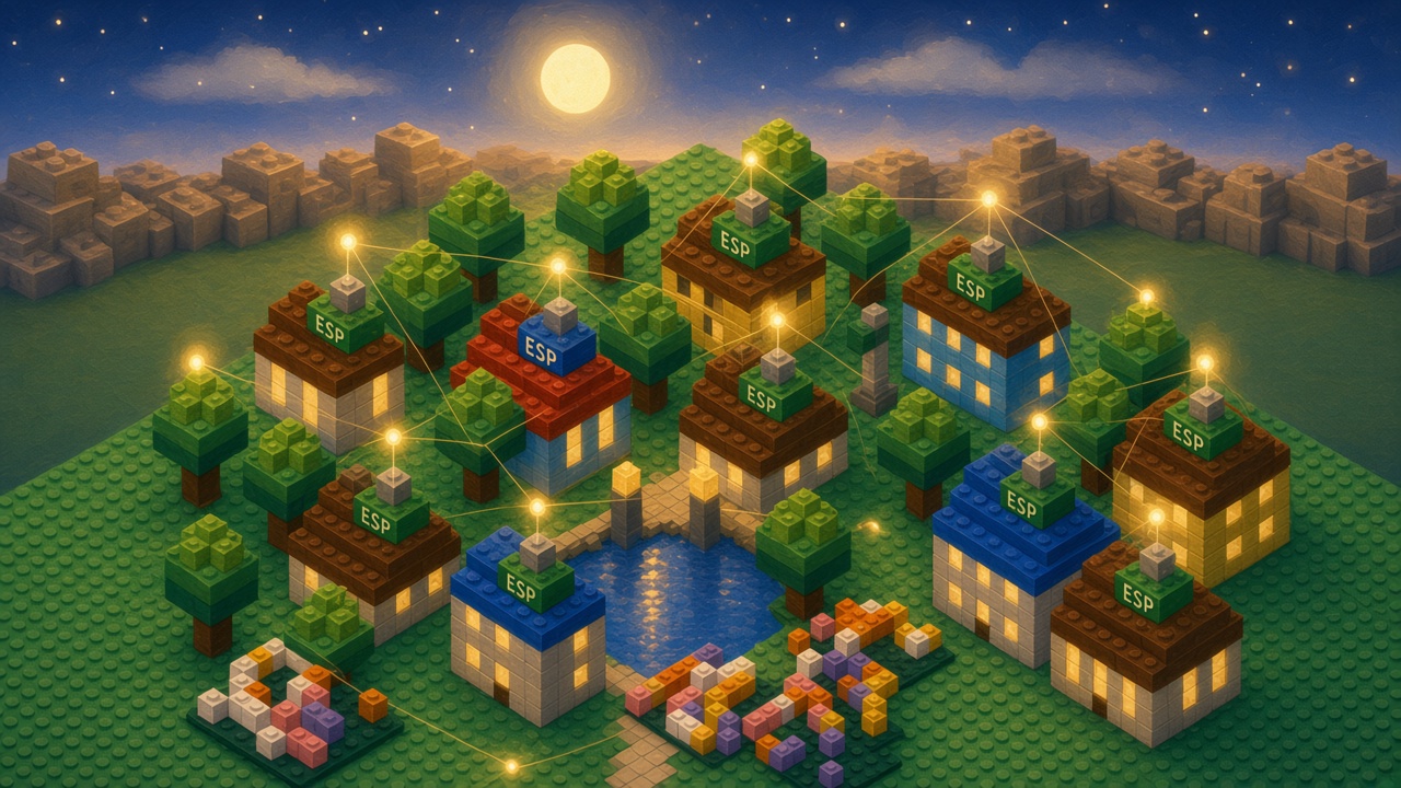 Brick-built neighborhood at dusk where every rooftop ESP brick holds a glowing orb and thin golden threads link them into one mesh