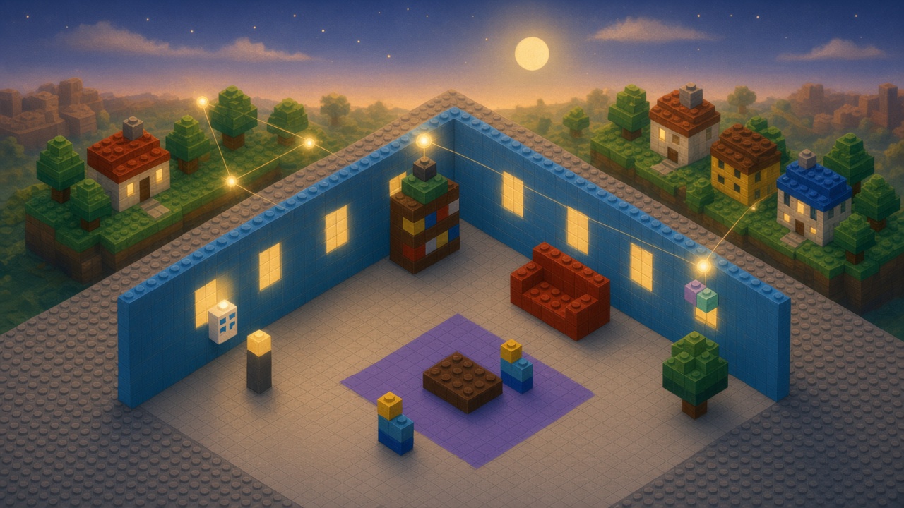 Brick-built room where a quiet sensor brick in the corner notices a small figure through soft glowing orbs, with no camera in sight