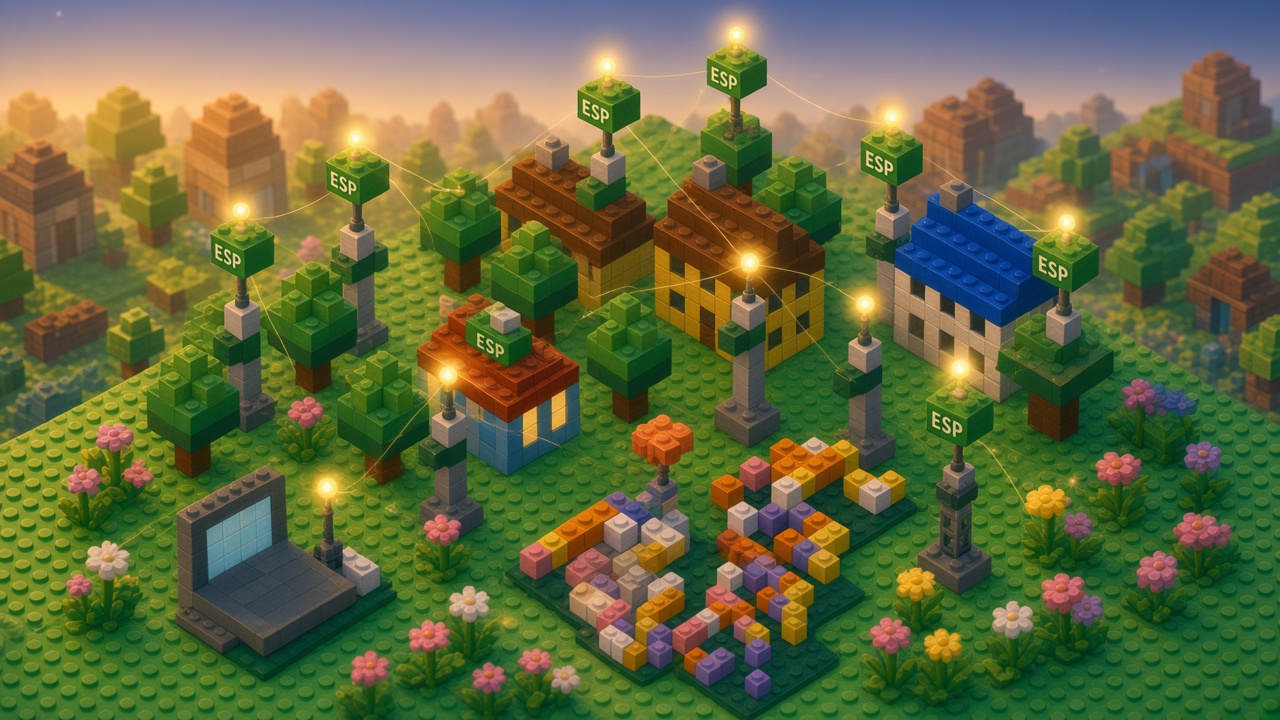 Brick-built garden with small antenna towers exchanging glowing orbs across a hedge at dusk