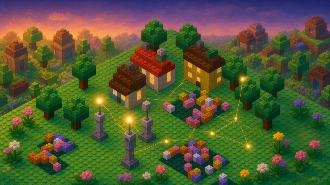 Dusk brick yard where short antenna posts hold glowing orbs, and golden threads stay on the plate between the near house and the far one
