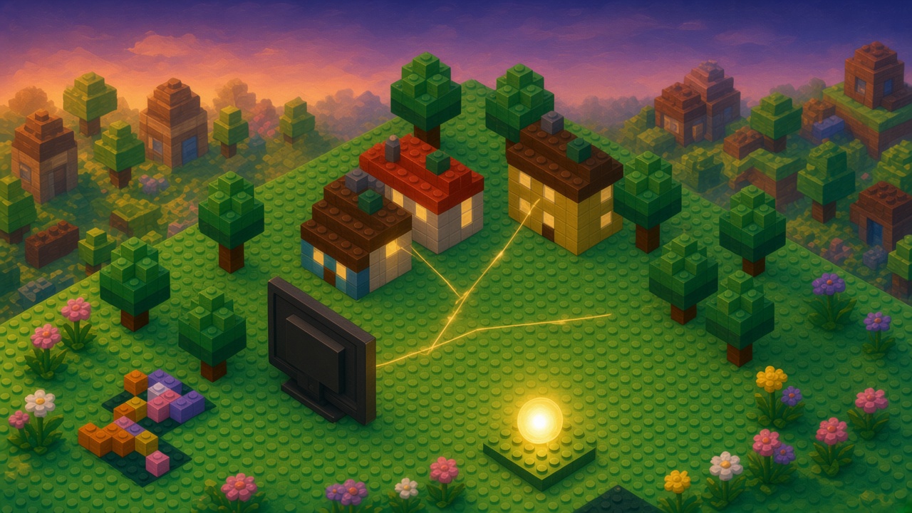 Dusk brick yard where a dark television faces the lit houses, a bright orb sits on a small plate, and golden threads stay on the yard between the screen and the houses