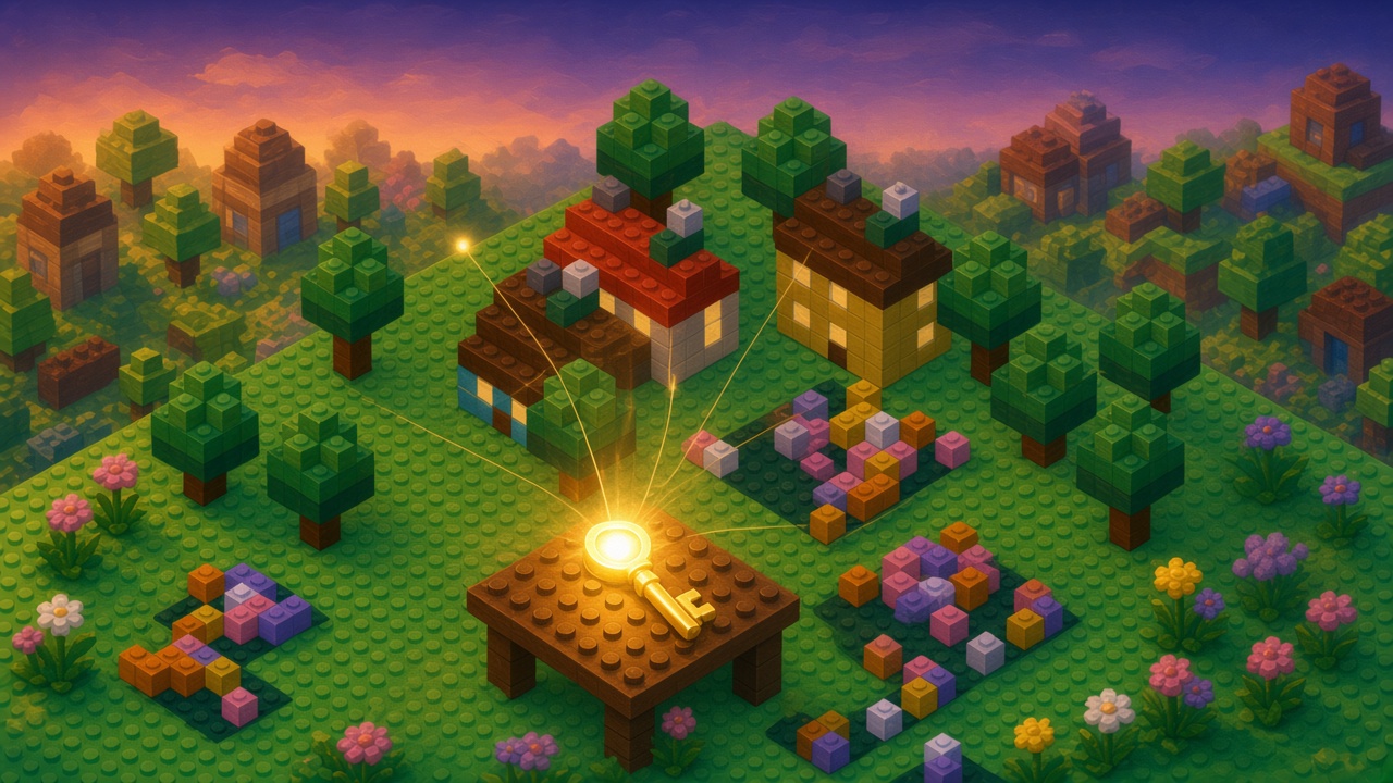 Dusk brick yard where a golden key on a brick desk holds the brightest orb, and golden threads run from the desk toward the lit houses