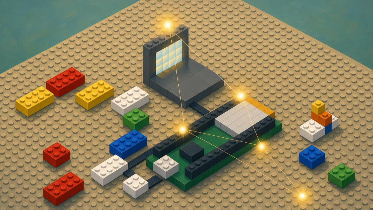 Daylight brick desk where a brick laptop holds the brightest orb, a black-tile cable runs to a green board with a blank silver tile, and golden threads stay on the desk