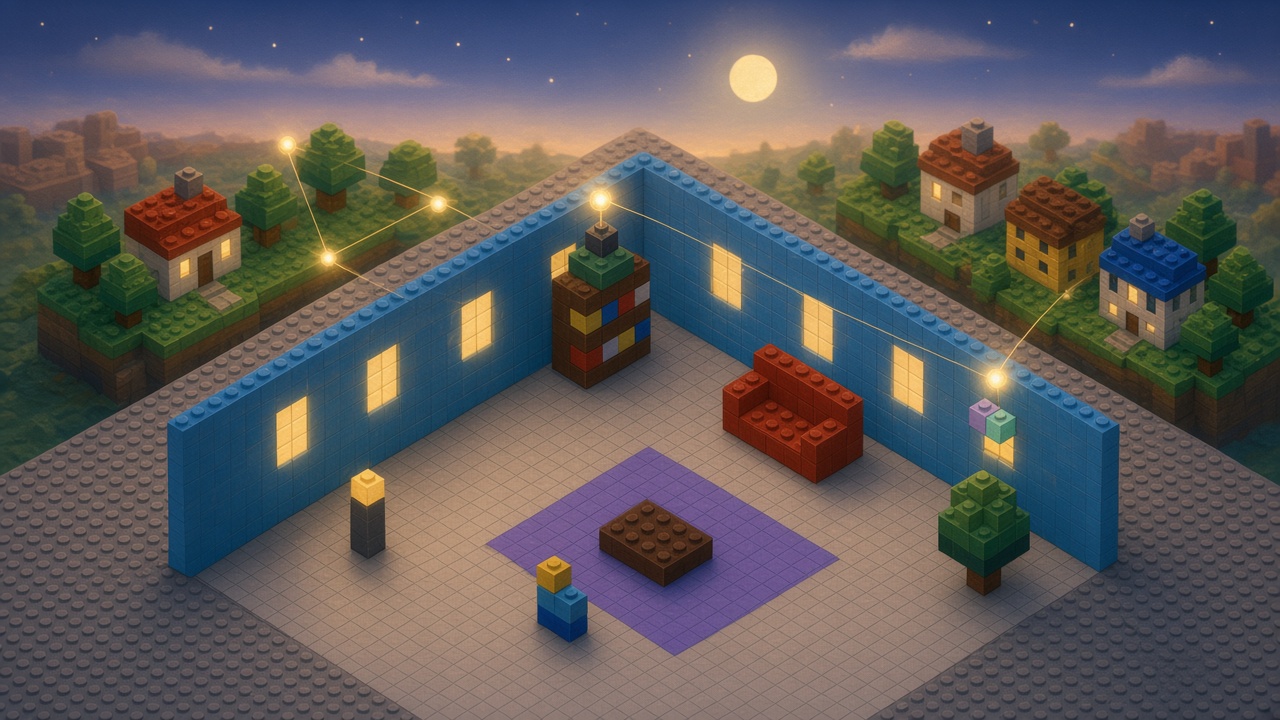 Brick-built house at night whose glowing orbs connect only the rooms inside while the sky above stays empty