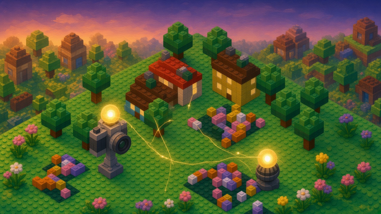 Dawn brick yard where a camera on a post and a round microphone puck each hold an orb, with golden threads staying on the plate between them and the house