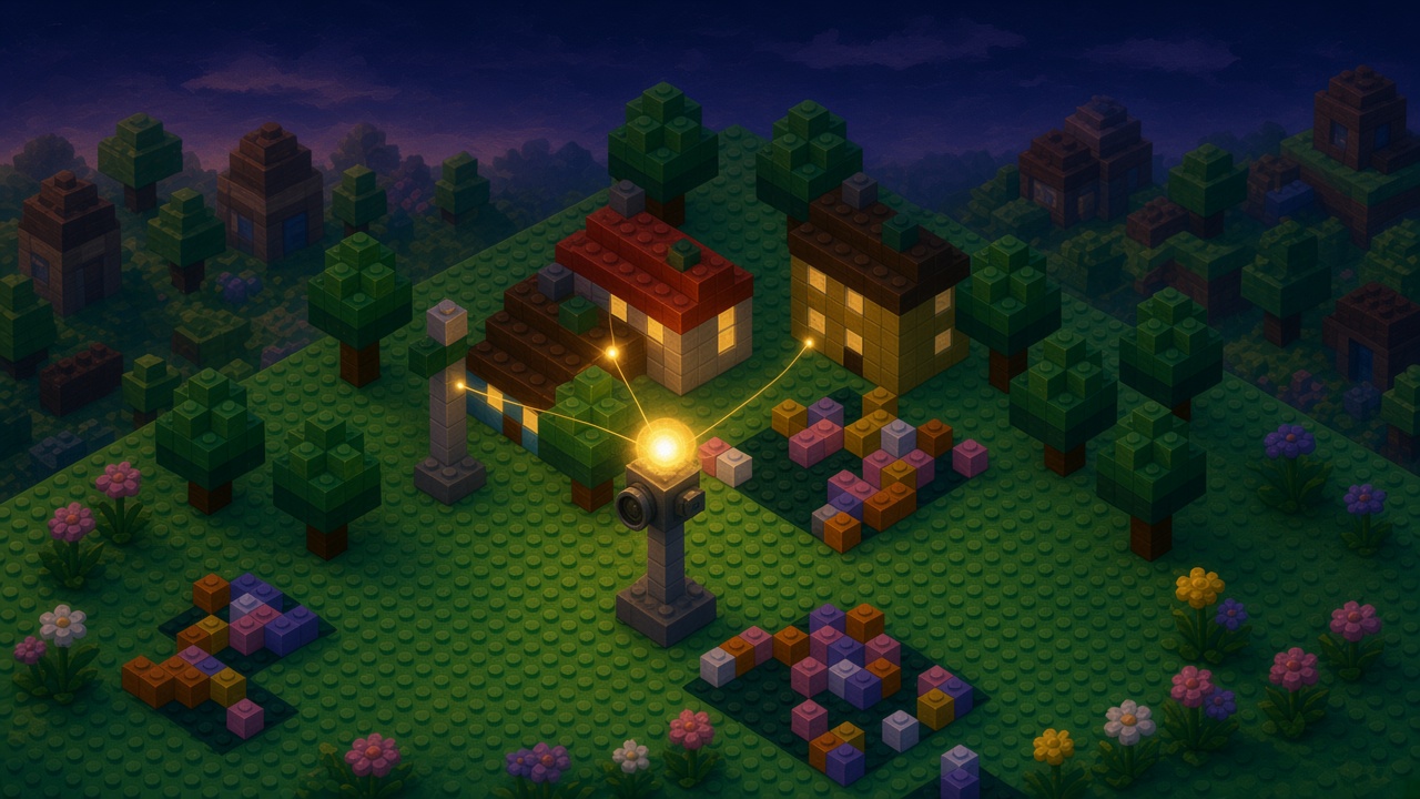 Night brick yard where a camera on a grey post holds the brightest orb, and short golden threads reach only the lit windows of the house beside it